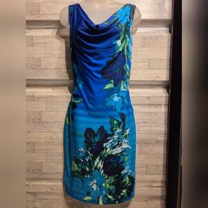 Cache Blue Floral Cowl Neck Midi Dress